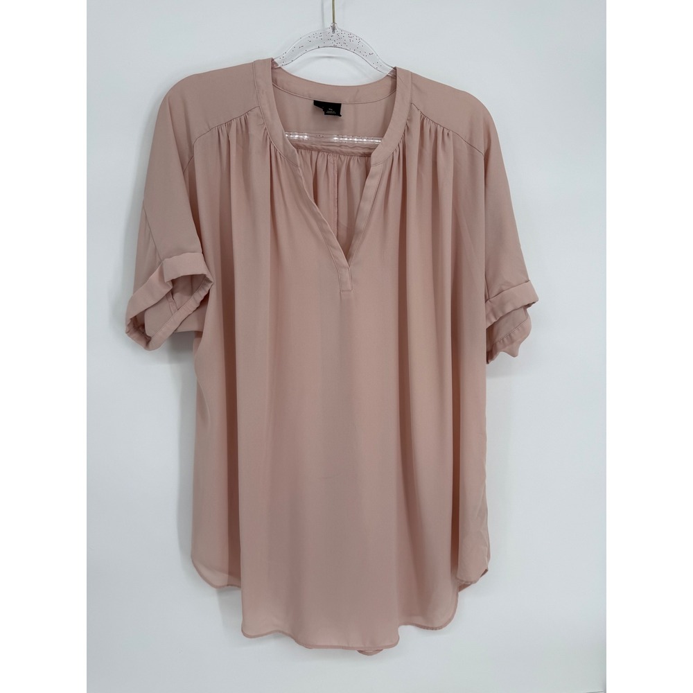 Worthington Blush Pink Split V-Neck Short Sleeve Blouse XL Relaxed Fit Workwear